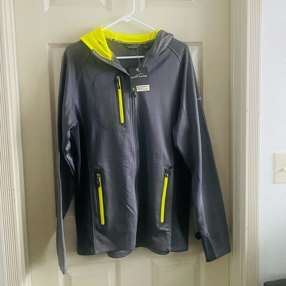 Men’s Eddie Bauer Gray Sport Hooded Full-Zip Fleece Jacket SZ Large
